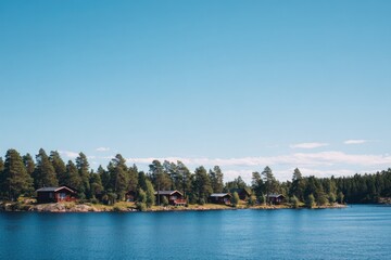 Obraz premium tranquil lakeside retreat with wooden cabins scattered among trees under bright blue sky