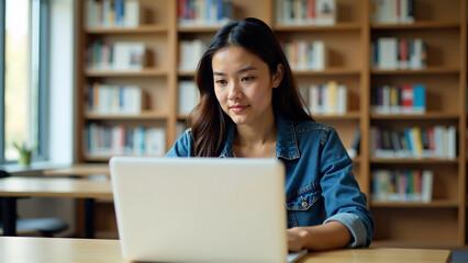 Student Using Laptop in Modern Library