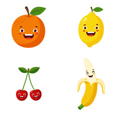 Cartoon illustration of various fruit characters including banana, orange, lemon, and cherry