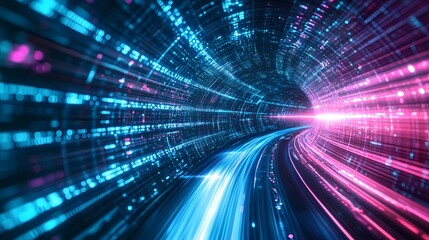 A futuristic digital tunnel illuminated with shades of deep blue and bright magenta, light trails streaking past, creating a high-energy journey 
