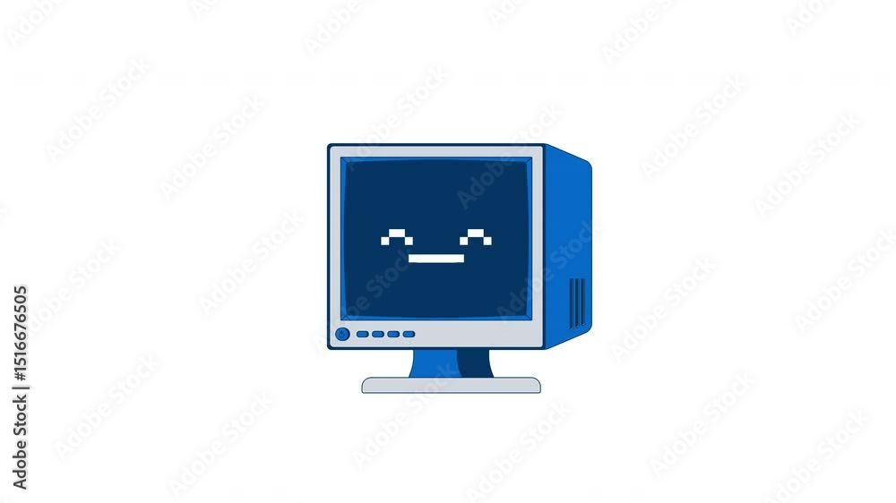 Poster smiling computer crt monitor with pixel face 2d cartoon object animation. retro device with pixelate