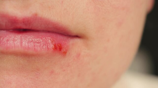 Close-up of lips girl with herpes. Appearance of herpes signs of weakened immunity. High quality 4k footage