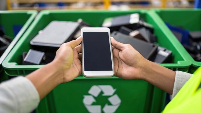 Hands holding a smartphone above a recycling bin filled with old electronics, highlighting electronic waste recycling.