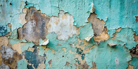 Textured Wall with Peeling Teal Paint and Underlying Layers of Aged Plaster and Stone