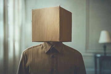 Conceptual Portrait of a Man Wearing a Cardboard Box on His Head – Surreal AI Art of Identity and Modern Isolation