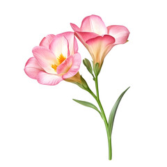 Fototapeta premium Delicate Pink Freesia Flowers on Botanical Illustration of Two Blooming Freesia Flowers with Green Stem and Leaves, on a Pure isolated on transparent background