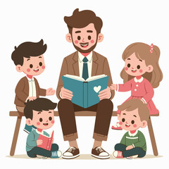 Vector illustration of a teacher and kids reading a storybook, flat design, simple lines