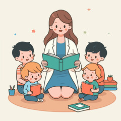 Vector illustration of a teacher and kids reading a storybook, flat design, simple lines