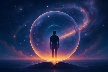 Obraz premium Figure inside glowing sphere under swirling galaxy sky, AI generated