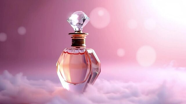 Vintage glass perfume bottle with a beautiful golden cap in the shape of a cut diamond, on a lilac pink bokeh horizontal video with clouds