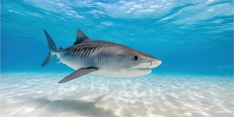 Naklejka premium shark with tiger stripes swimming in blue water