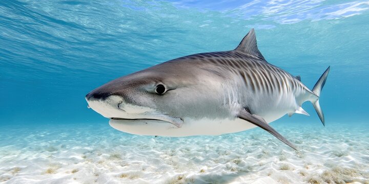 shark with tiger stripes swimming in blue water