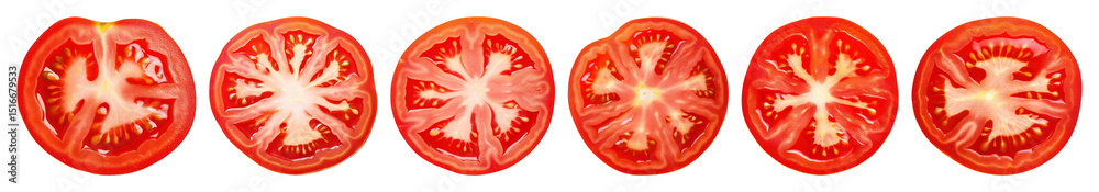 Wall mural png slices of ripe tomatoes arranged in a horizontal line element set on transparent background.