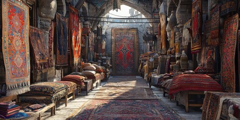 Obraz premium Carpet market alley with colorful rugs displayed on walls and benches in stone archway setting under natural light. Generative by AI.