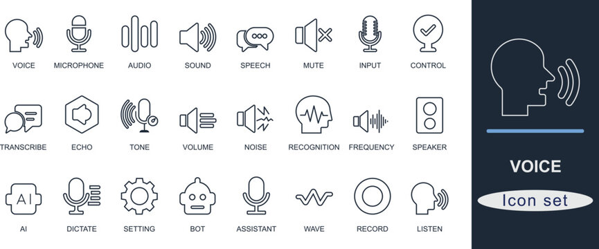 Line art black voice control icon set with microphone, sound, speech, AI, command, input, mute, assistant, and audio. Ideal for UI, app, smart home, and AI design.