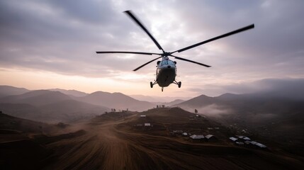 A dramatic aerial view captures a helicopter hovering over a misty mountainous landscape, showcasing the breathtaking beauty of nature while hinting at adventure and exploration ahead.