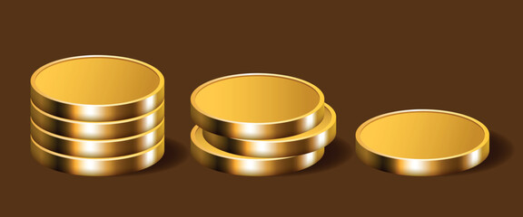 Gold coins. Set of gold coins. Vector 3d clipart isolated on brown background.
