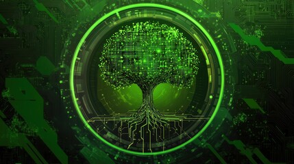 Digital tree of life design against a circuit background.