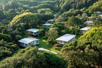 Obraz premium aerial view of tranquil resort cabins nestled amid trees under clear sky with abundant copy space