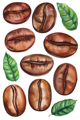 Watercolor coffee beans and green leaves set, arabica espresso food clipart, cafe menu element, isolated design illustration