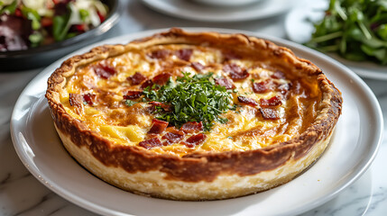 Quiche with Crispy Bacon and Fresh Herbs Served on a White Plate
