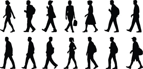 Vector illustration of walking people silhouettes, male and female figures in side view, casual urban character design, black silhouette set