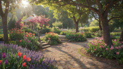 beautiful flower garden in the soft morning light