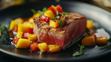 Seared tuna steak with mango and tomato sauce, close-up on a dark plate. Gourmet food.