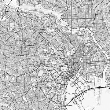 Tokyo Area Map with Labels and Neighborhoods - One color, minimalistic design