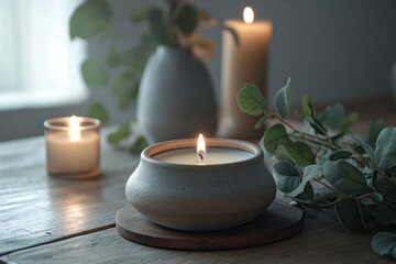 A ceramic vase holds a flickering candle accompanied by a sprig of eucalyptus. Soft natural light filters through sheer curtains, creating a tranquil atmosphere