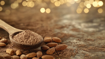 Seekers shot of a wooden spoon with ground almond powder and fresh almonds on an old rustic table, with a golden bokeh background.