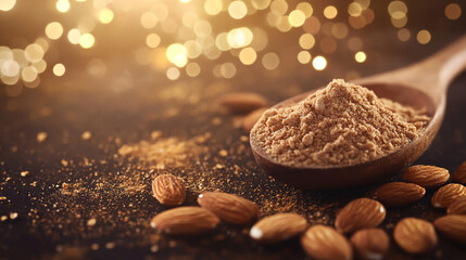 Seekers shot of a wooden spoon with ground almond powder and fresh almonds on an old rustic table, with a golden bokeh background.