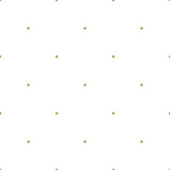 Simple vector minimal seamless pattern. Golden geometric texture with small circles, points, dots in regular grid. Subtle polka dot pattern. Gold and white minimalist background. Repeat luxury design