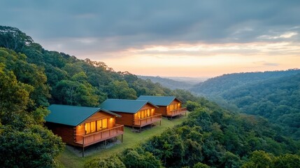 the cozy wooden cabins are nestled among towering trees, their warm glow contrasting with the dusky sky as the sun dips below the horizon