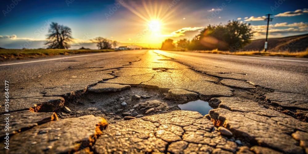 Poster sunset glows on a severely damaged asphalt road surface showing extensive cracking and a large potho