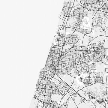 Tel Aviv-Yafo Area Map with Labels and Neighborhoods - One color, minimalistic design