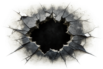A detailed, cracked wall texture featuring a large, dark hole. The edges are rough with a mix of gray and black tones, creating a dramatic and intense visual effect.