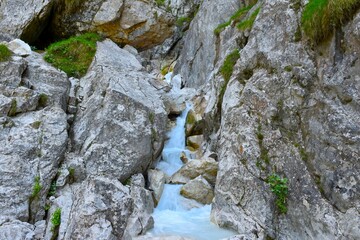 Martuljek stream flowing down rocky terrain in Julian alps, Gorenjska, Slovenia