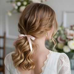 Elegant hairstyle with soft curls and a delicate ribbon set against a floral backdrop in a bright, cozy room Generative AI