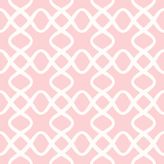 Abstract vector geometric seamless pattern. Elegant pink and white ornament texture with curved shapes, floral silhouettes, lines, grid, net, lattice, mesh. Minimal geo background. Repeating design