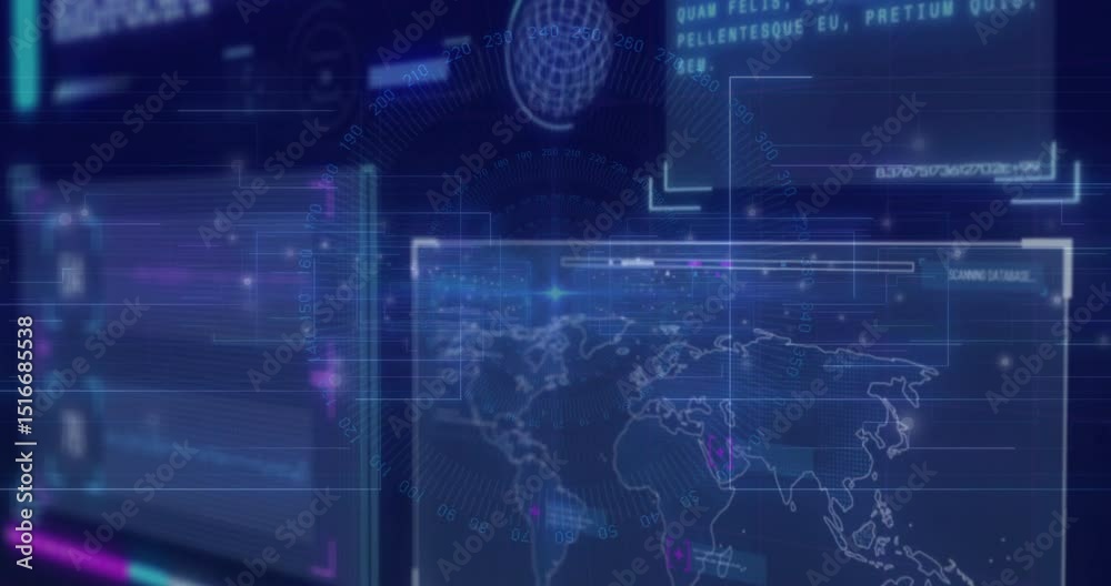 Poster scan lines sweeping, map fading as panels sliding, hotspots blinking and bars pulsing for data view