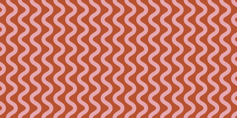 Seamless pattern with vertical wavy lines, stripes. Simple vector geometric texture with waves, curves, squiggly shapes. Abstract red and pink funky background. Stylish modern retro repeated design