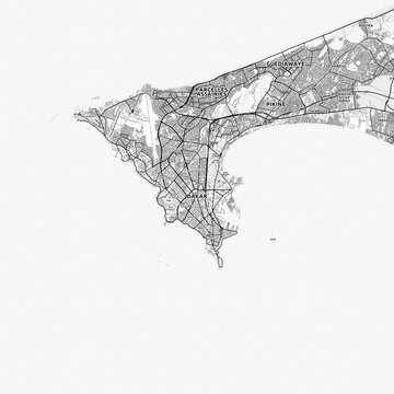 Dakar Area Map with Labels and Neighborhoods - One color, minimalistic design