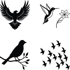 Fototapeta premium Set of 4 Bird Silhouettes . Flying Eagle, Perched Bird, Flock in Flight, Hummingbird Near Flower
