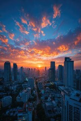 Fototapeta premium aerial view of urban skyline at sunrise scattered clouds glowing minimalistic skyscrapers with ample copy space