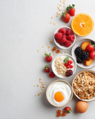 Healthy breakfast flat lay is beautifully arranged on white table