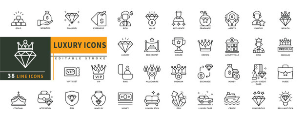 Minimalist Luxury line icons set with editable stroke, featuring gold, diamond, expensive, rich, ring, vip, jawelry, money, value, fragance, crown, award, premium, gem, king. thin linear illustration.
