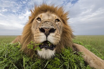 Lion eats greens in the savannah