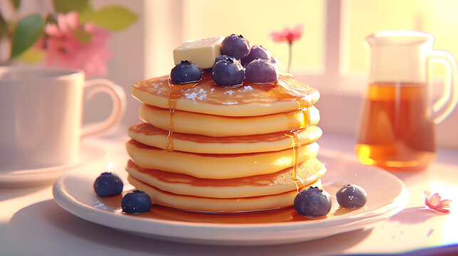 Stack of Pancakes Topped with Blueberries and Butter, Drizzled with Syrup