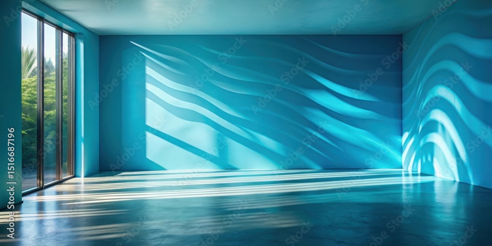 Poster Serene Teal Room with Sunlight Streaming Through a Window Casting Dynamic Shadows on the Walls and Floor